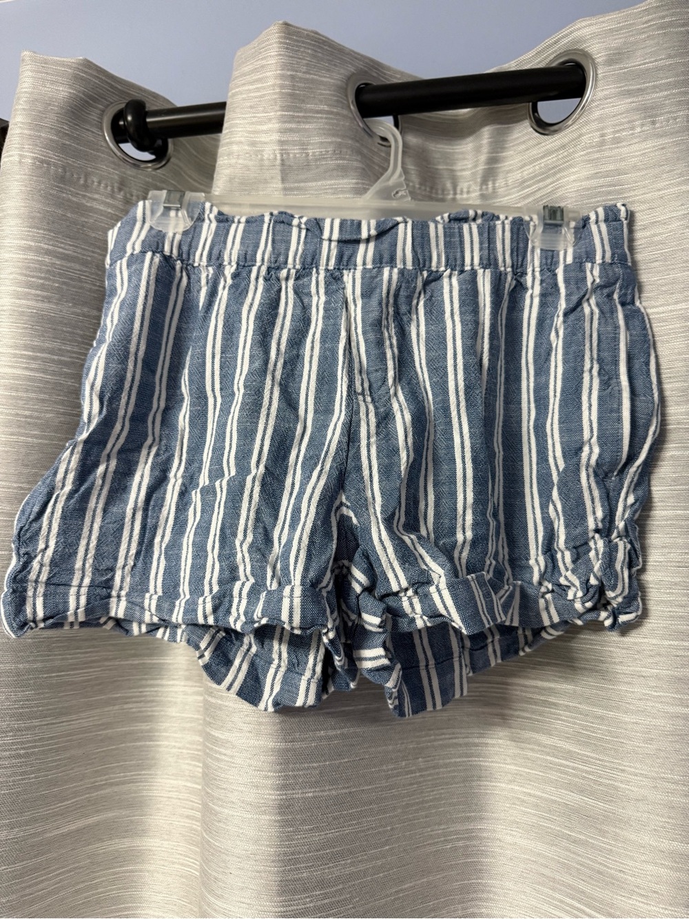 LOFT Blue and White Striped High Waist Linen-Blend Shorts